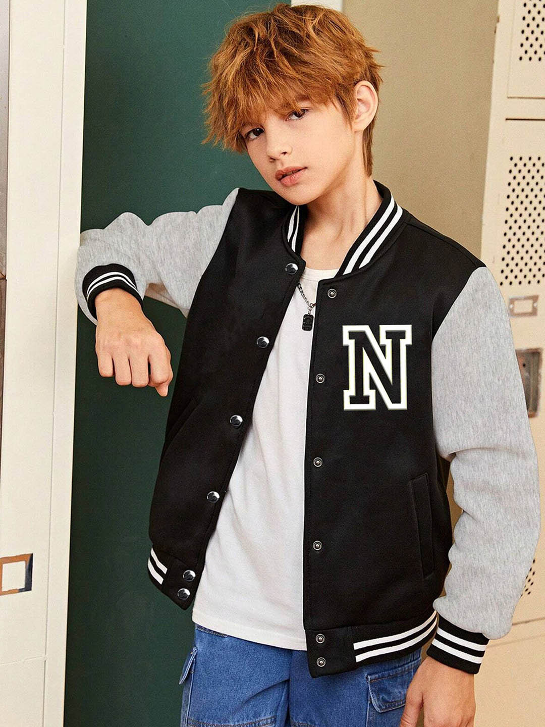

BAESD Boys Typography Printed Varsity Jacket, Black
