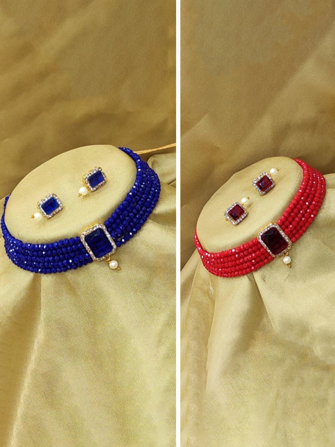 

JMBW INTERNATIONAL Set Of 2 Gold Plated Beaded Layered Choker & Earrings, Red