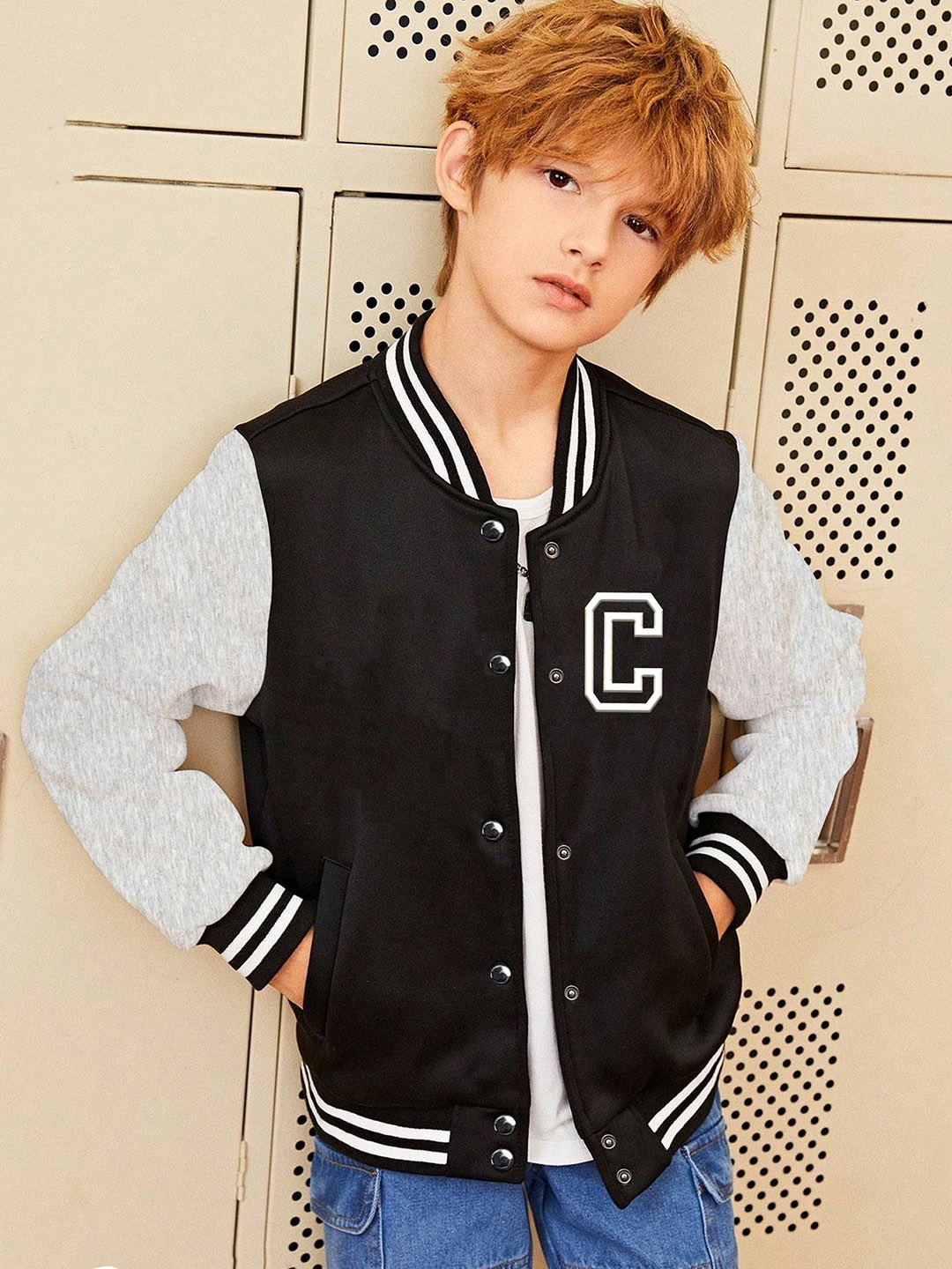 

BAESD Boys Typography Printed Varsity Jacket, Black