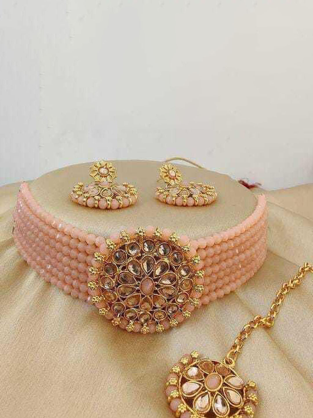 

JMBW INTERNATIONAL Gold Plated & Pink Kundan Choker Necklace with Earring Jewellery Set