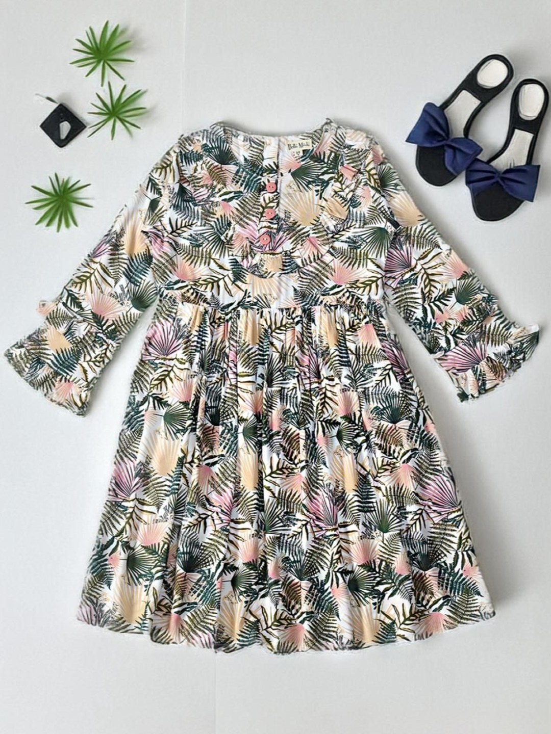 

Bella Moda Girls Tropical Printed Bell Sleeve Fit & Flare Dress, Green
