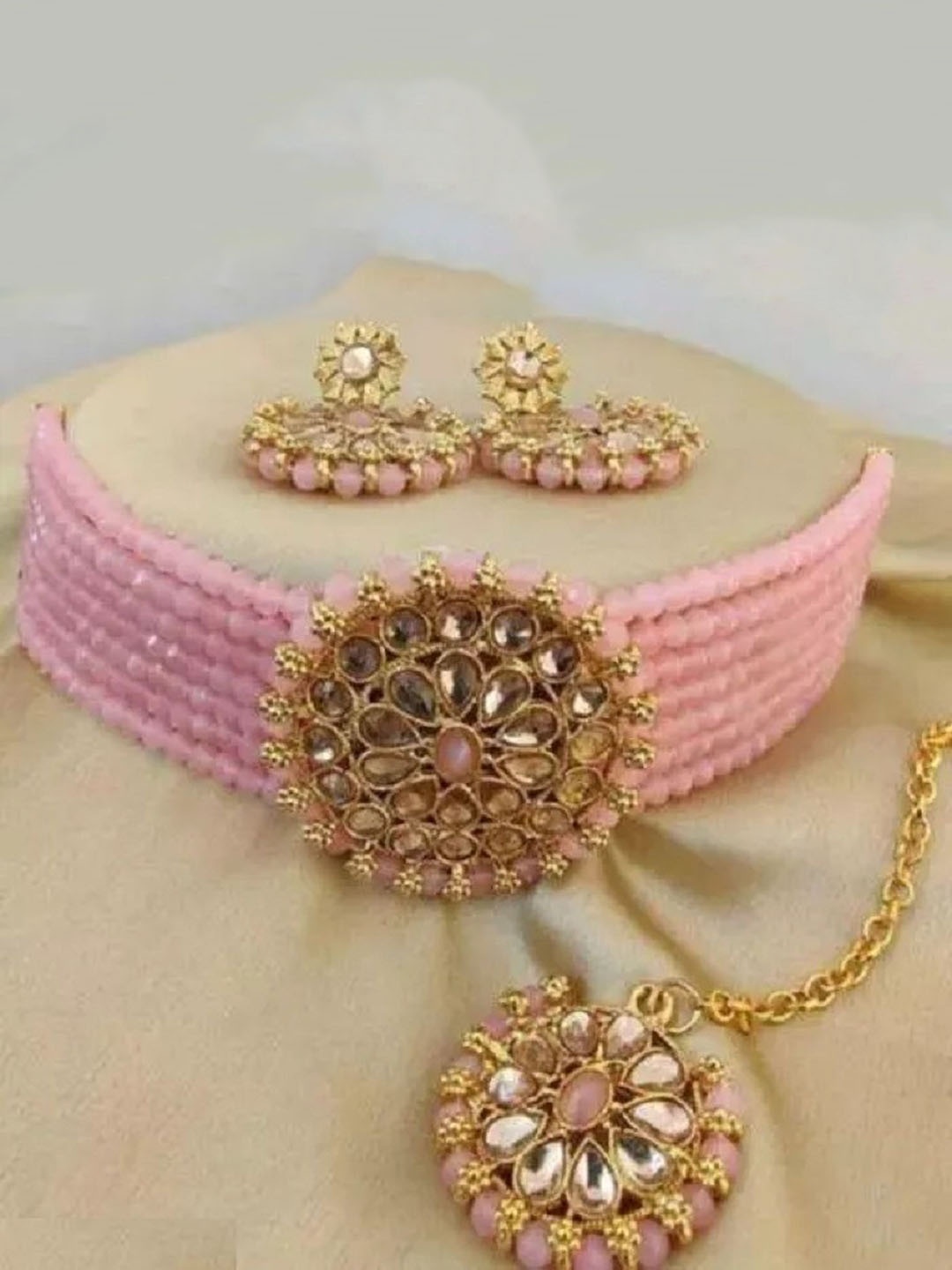 

JMBW INTERNATIONAL Gold-Plated Stone-Studded Crystal Jewellery Set, Pink