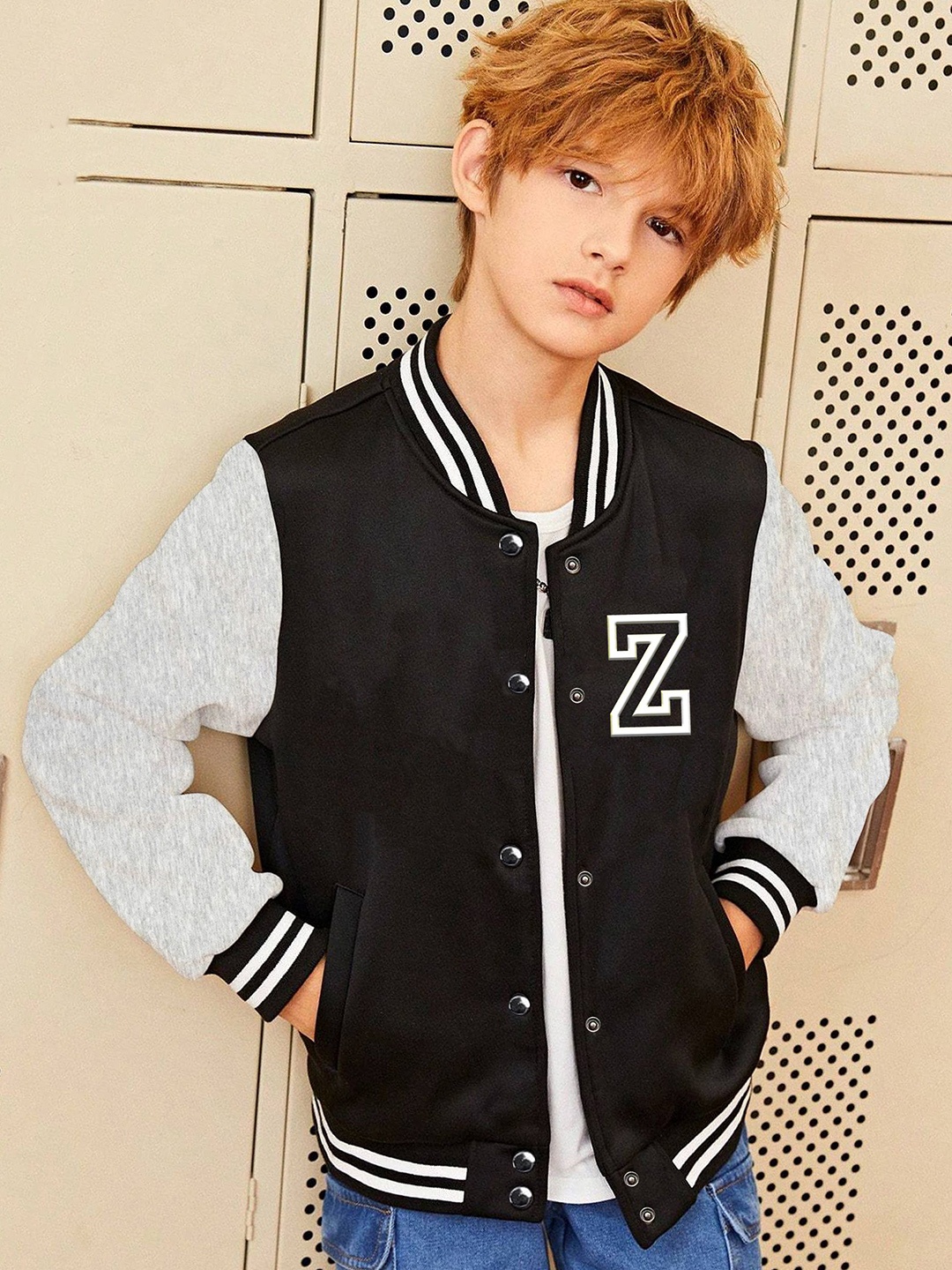 BAESD Boys Typography Printed Varsity Jacket, Black