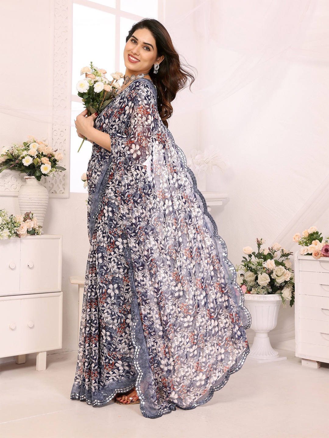

The Textile Hub Floral Mirror Work Pure Georgette Saree, Grey