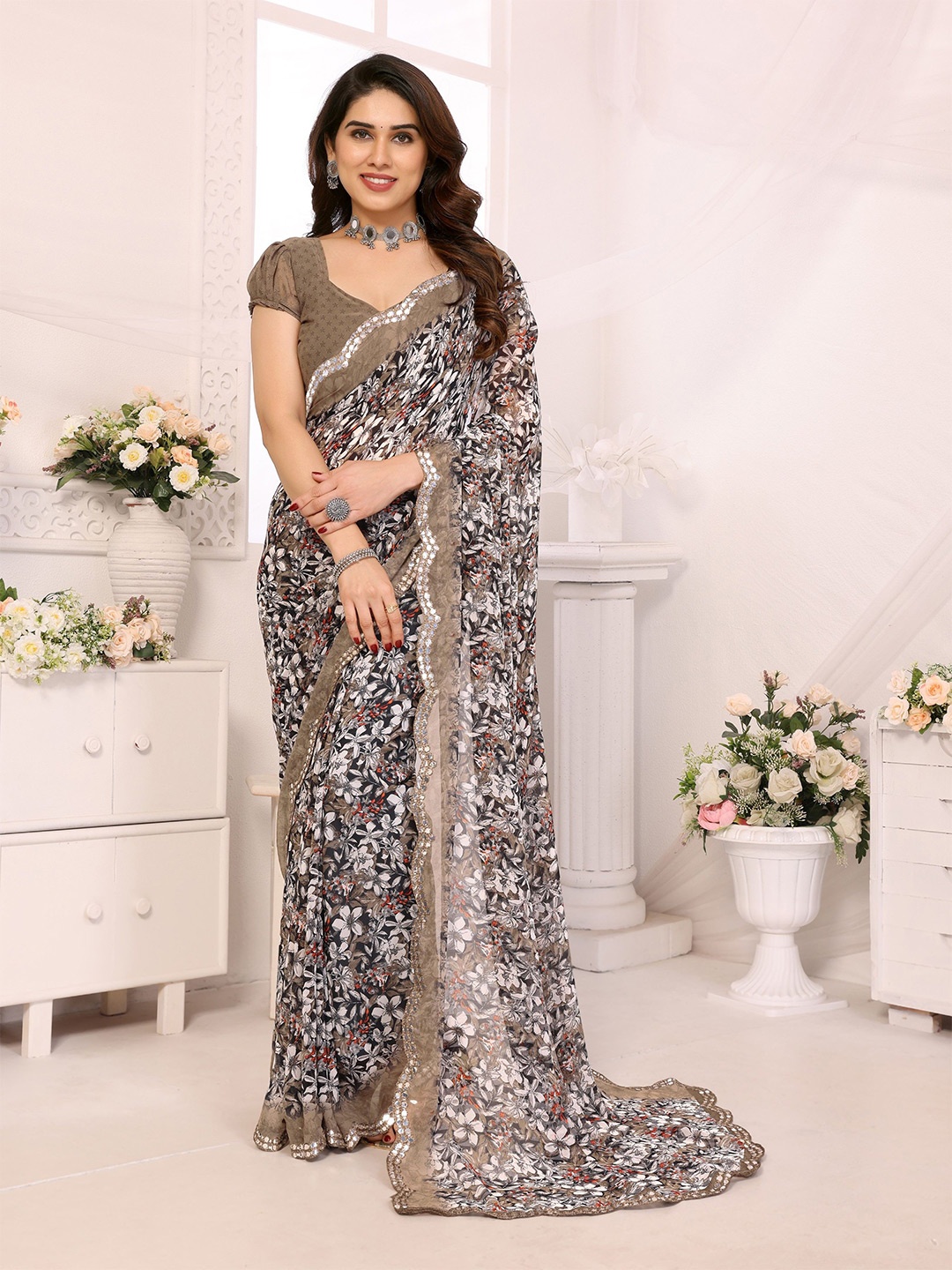 

The Textile Hub Floral Mirror Work Pure Georgette Saree, Coffee brown