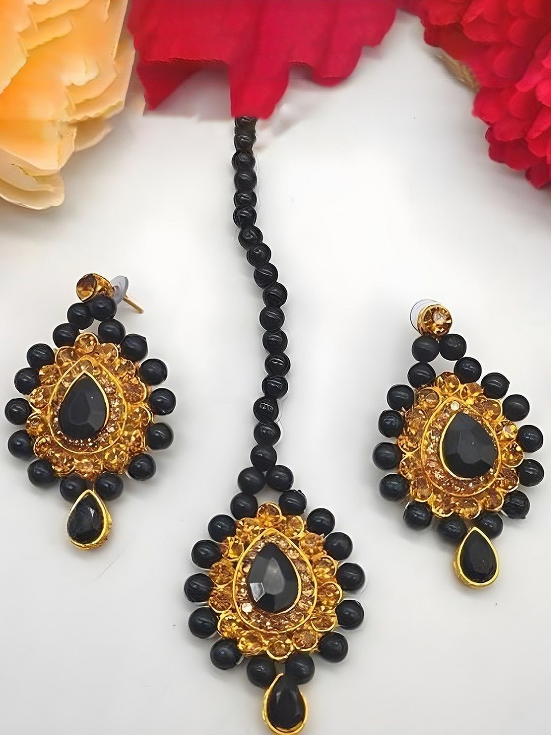 

JMBW INTERNATIONAL Gold-Plated Crystal Stone-Studded & Beaded Jewellery Set