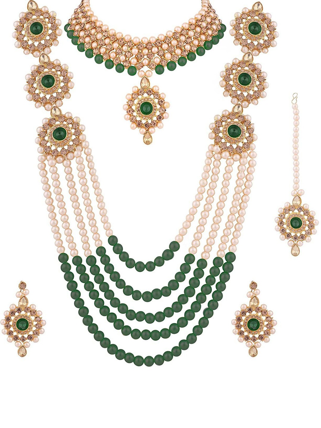 

JMBW INTERNATIONAL Artificial Stone Studded Necklace With Earrings & Maang Tikka, Green