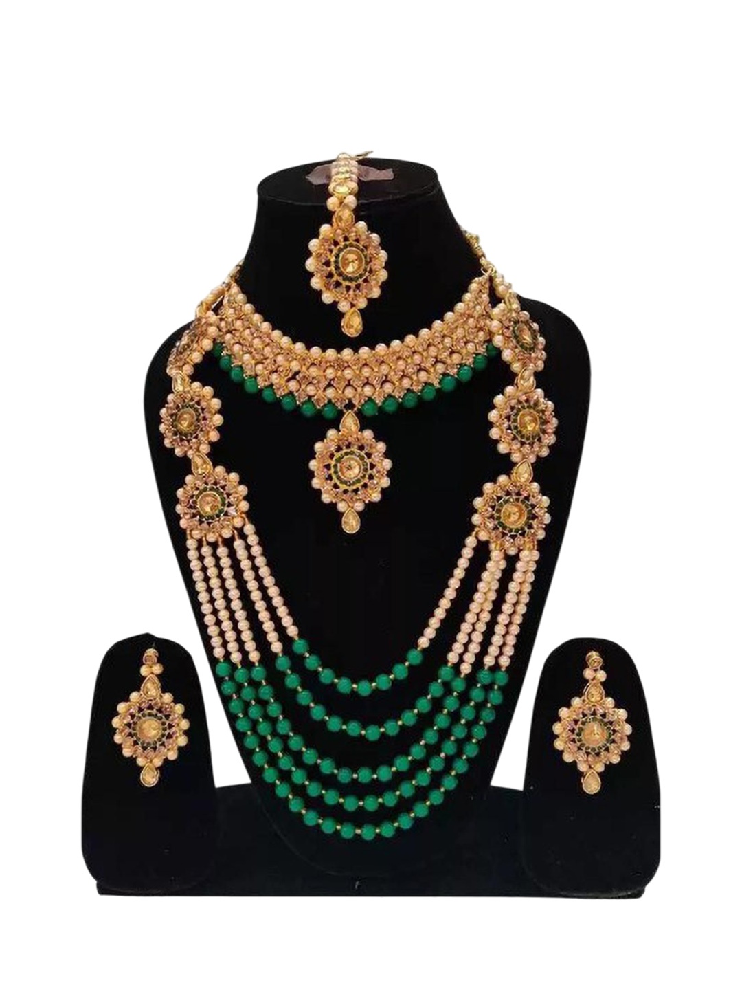 

JMBW INTERNATIONAL Gold-Plated Stone-Studded Beaded Necklace With Earrings & Maang Tikka