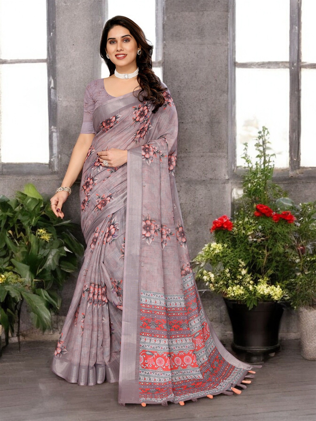 

The Textile Hub Floral Pure Linen Saree, Lavender
