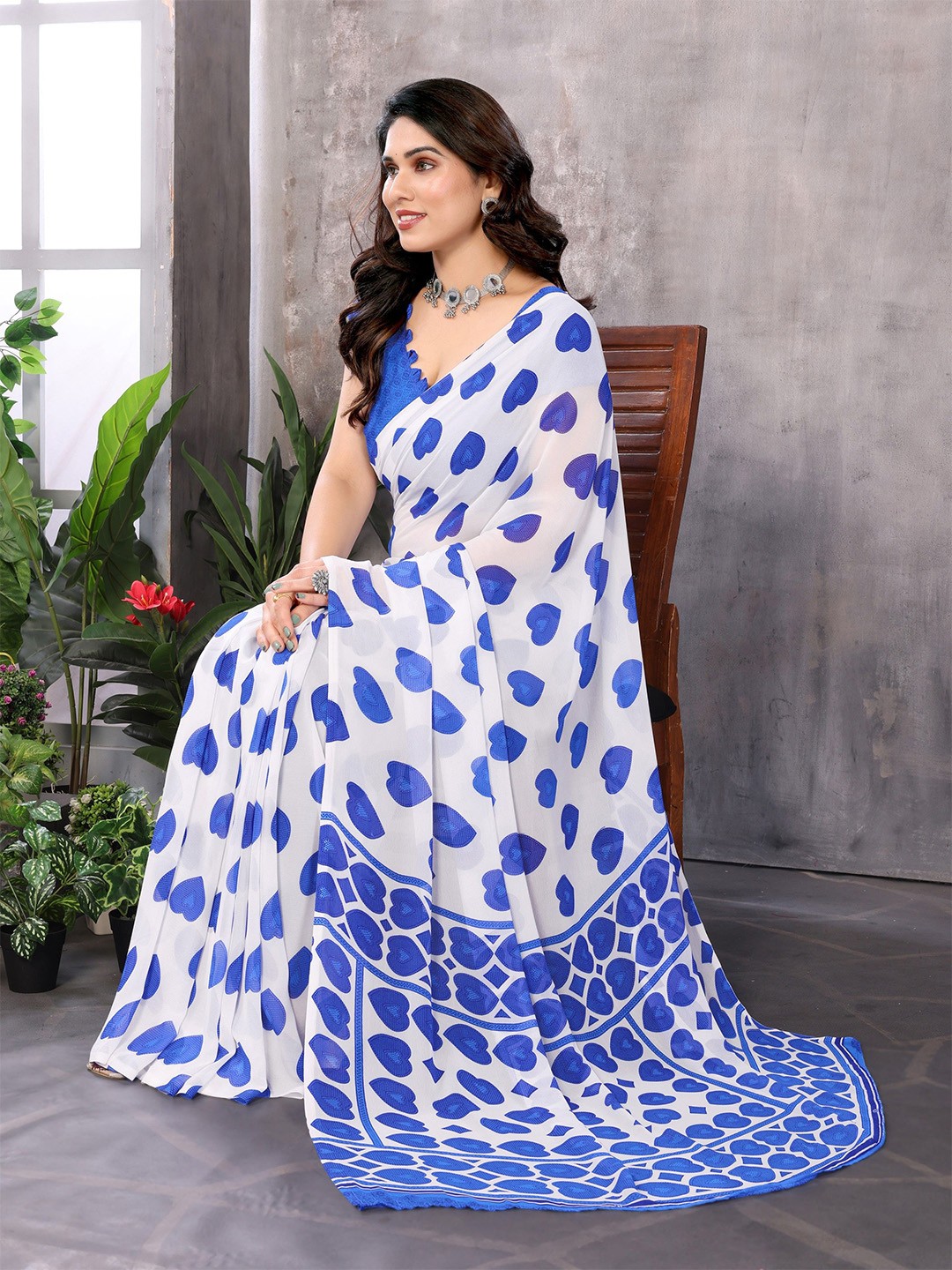 

The Textile Hub Polka Dot Pure Georgette Saree, Blue