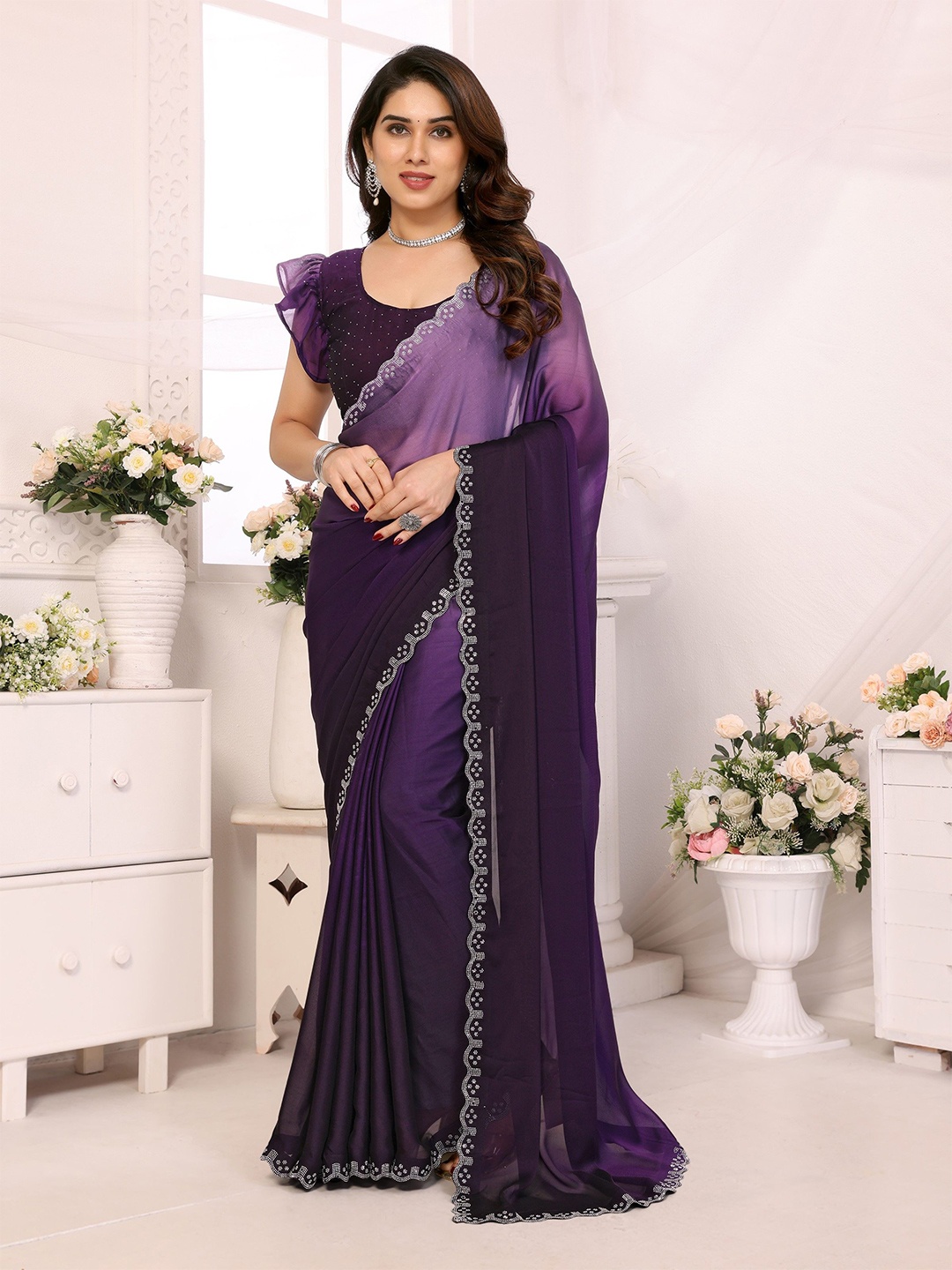 

The Textile Hub Ombre Beads and Stones Pure Silk Saree, Purple