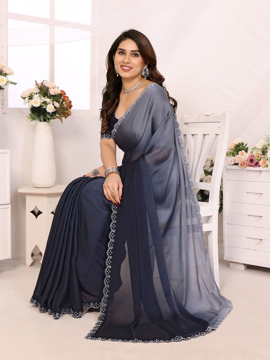 

The Textile Hub Ombre Beads and Stones Pure Silk Saree, Grey
