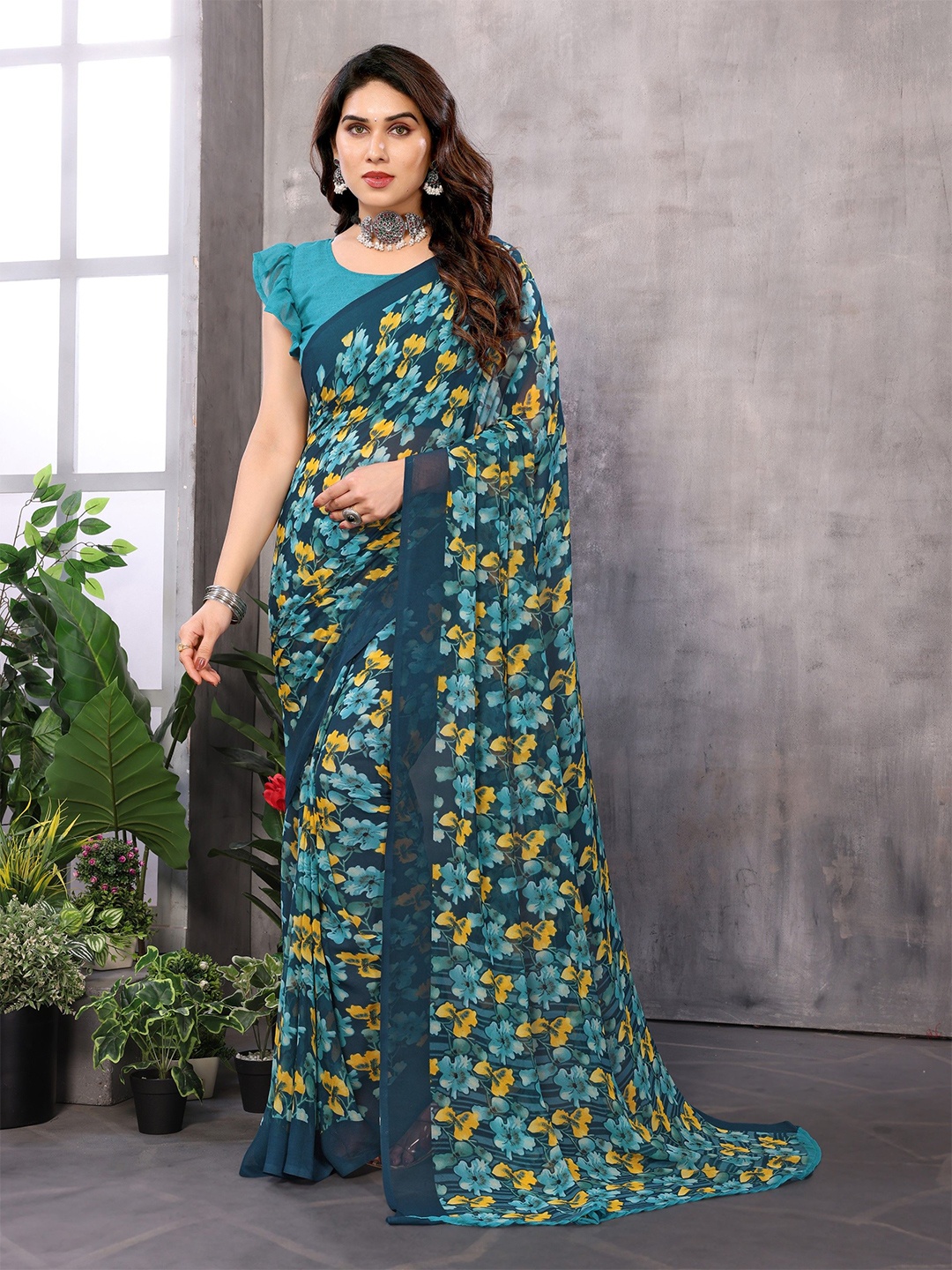 

The Textile Hub Floral Printed Pure Georgette Saree, Teal