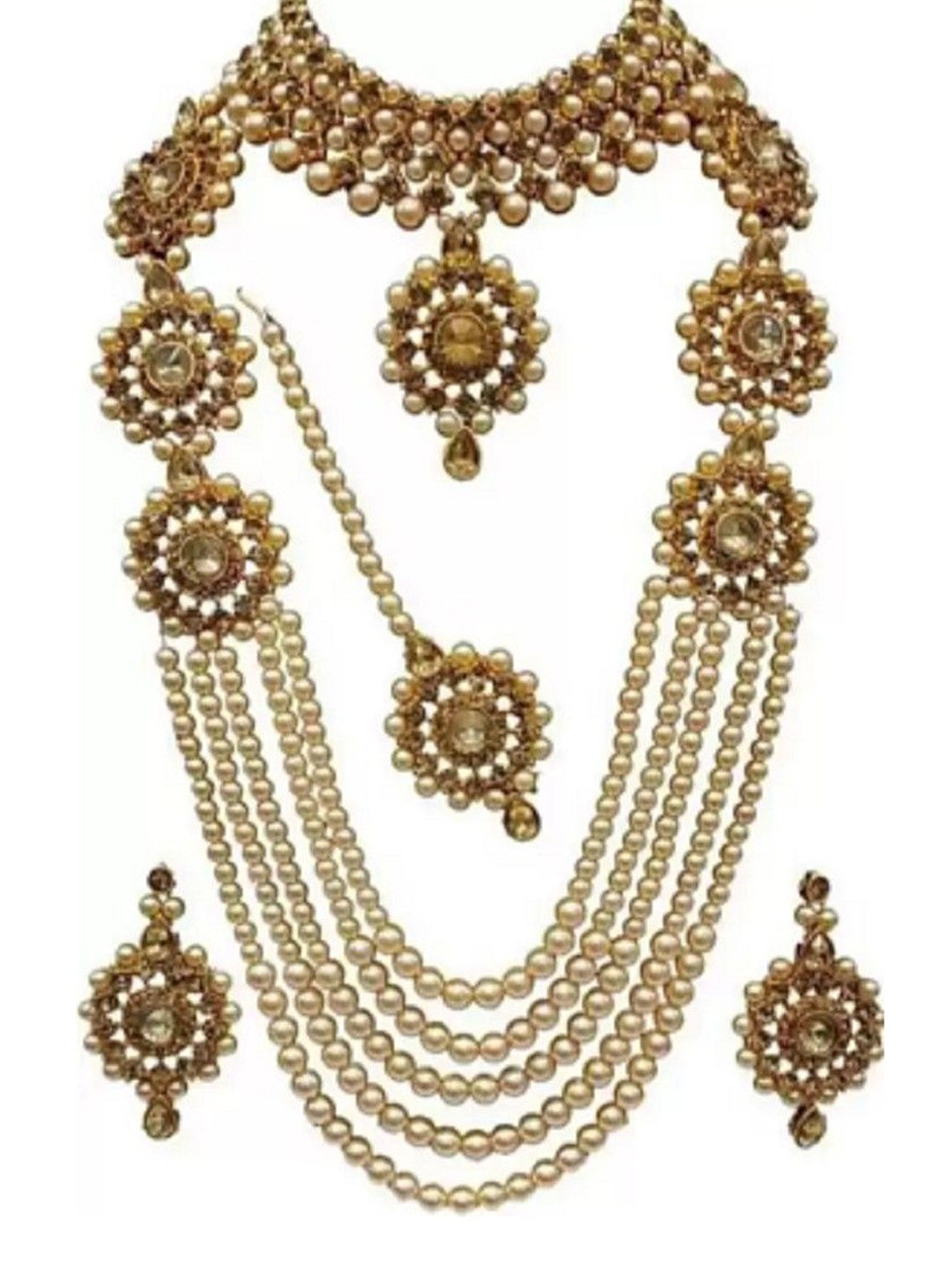 

JMBW INTERNATIONAL Stone-Studded & Beaded Necklace With Earrings & Maang Tikka, Gold