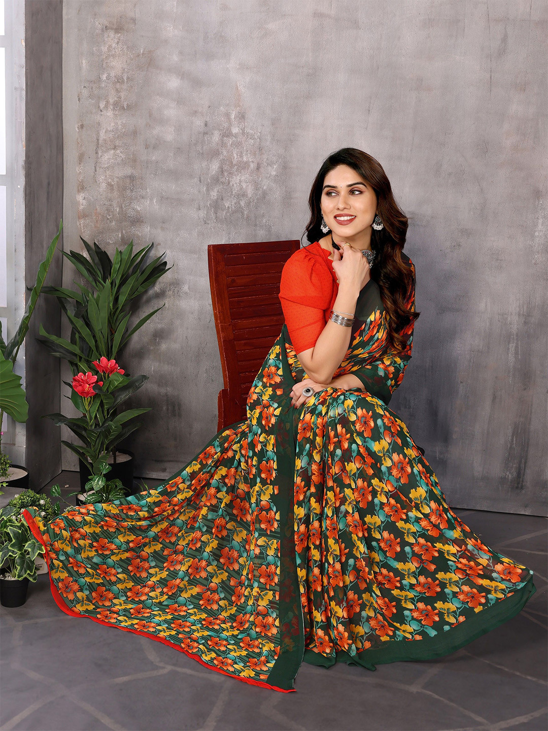 

The Textile Hub Floral Printed Pure Georgette Saree, Green