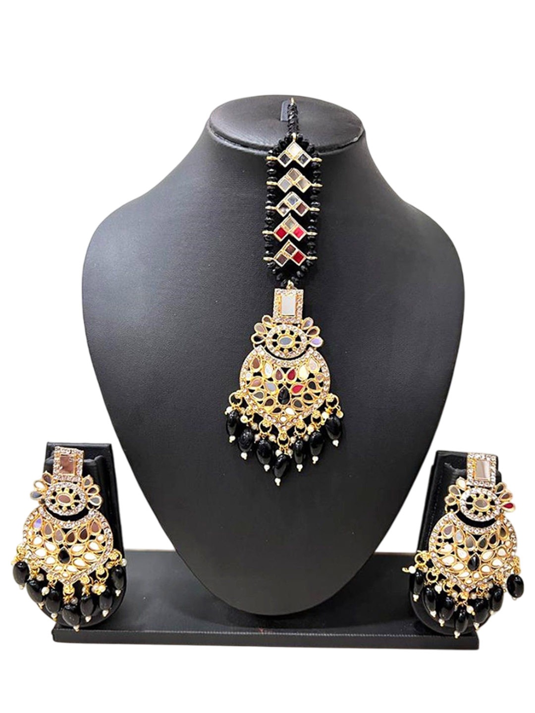 

JMBW INTERNATIONAL Gold-Plated Maang Tika & Earrings, Black