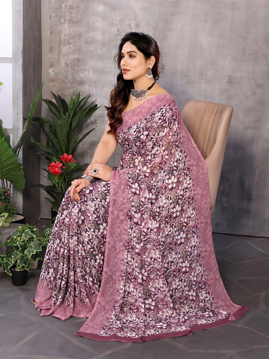 

The Textile Hub Floral Printed Pure Georgette Saree, Pink