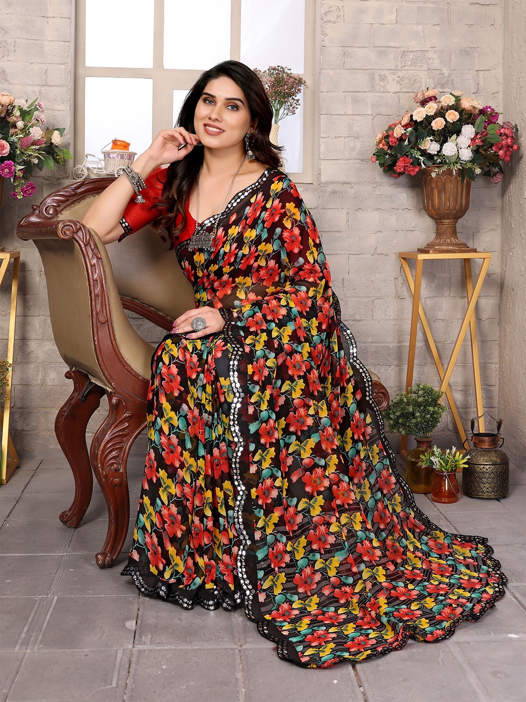 

The Textile Hub Floral Printed Embellished Pure Georgette Saree, Black