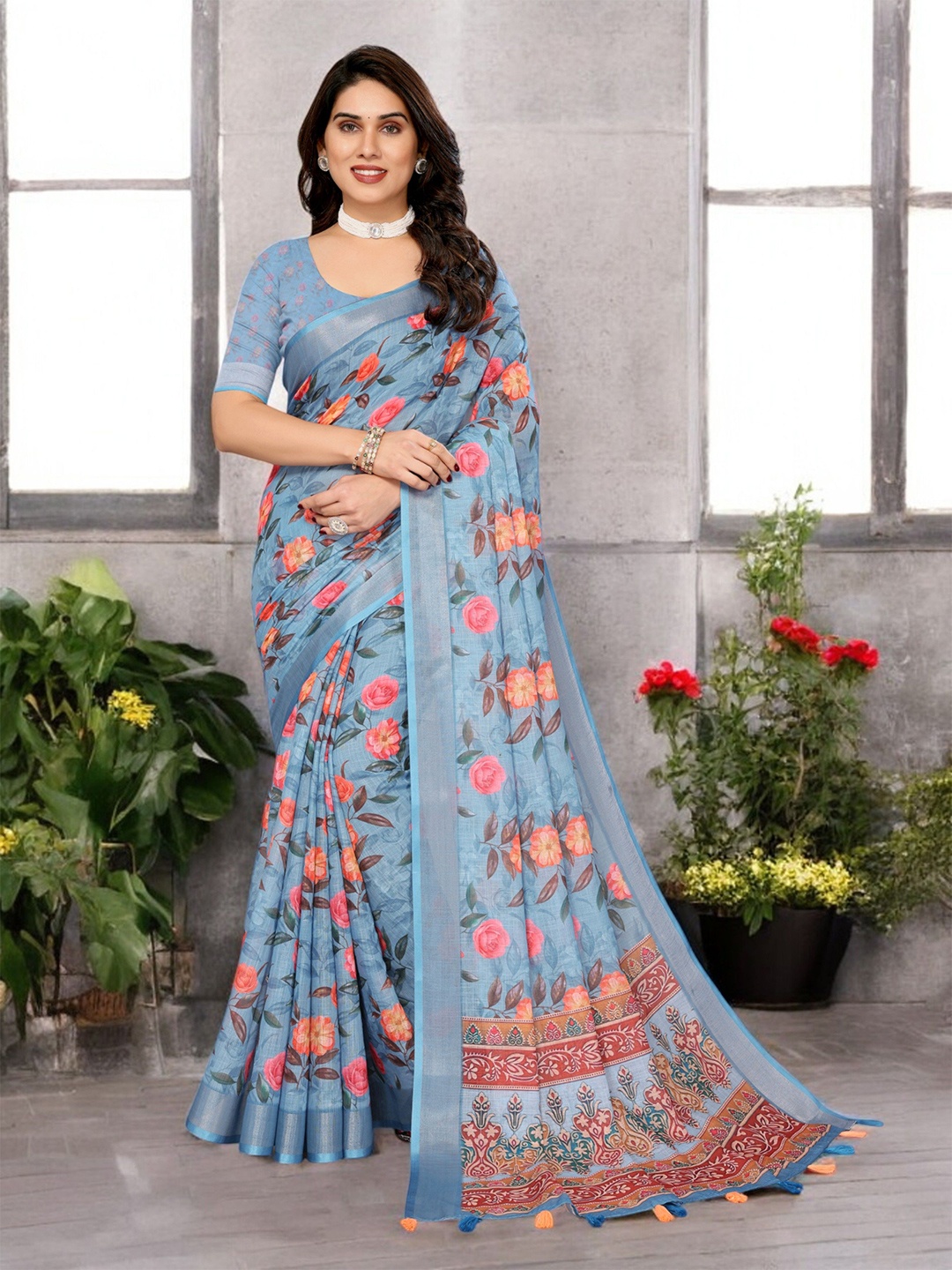 

The Textile Hub Floral Printed Pure Linen Saree, Turquoise blue