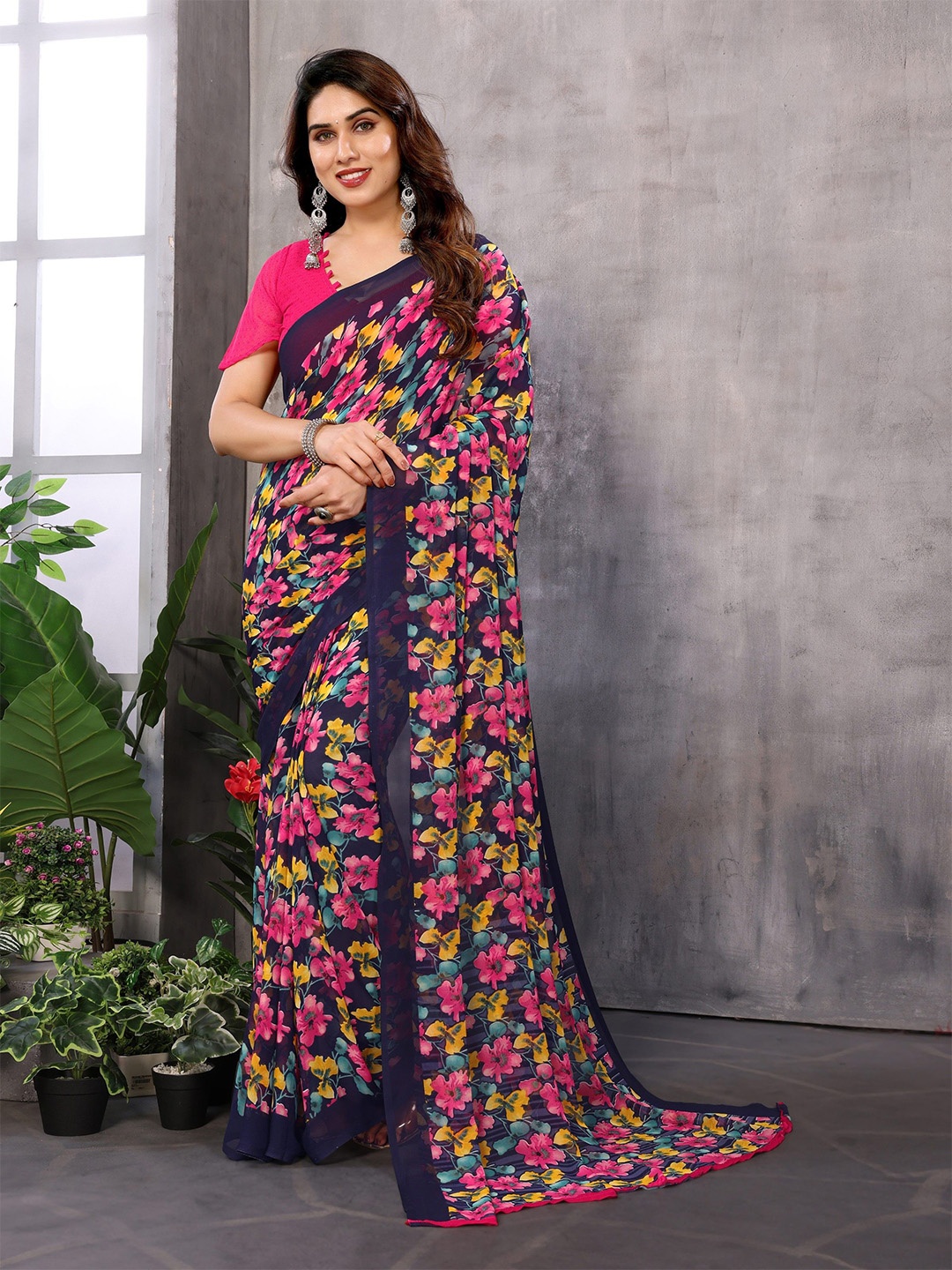 

The Textile Hub Floral Printed Pure Georgette Saree, Navy blue