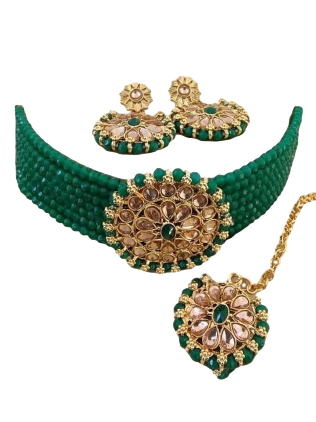 

JMBW INTERNATIONAL Beaded Necklace with Earrings & Maang Tika, Green