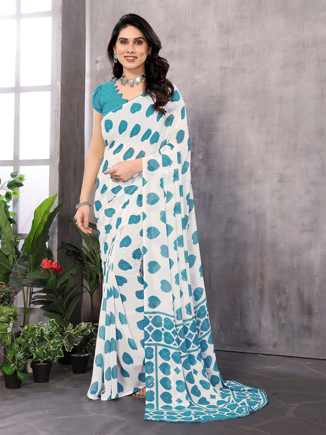 

The Textile Hub Printed Pure Georgette Saree, Turquoise blue