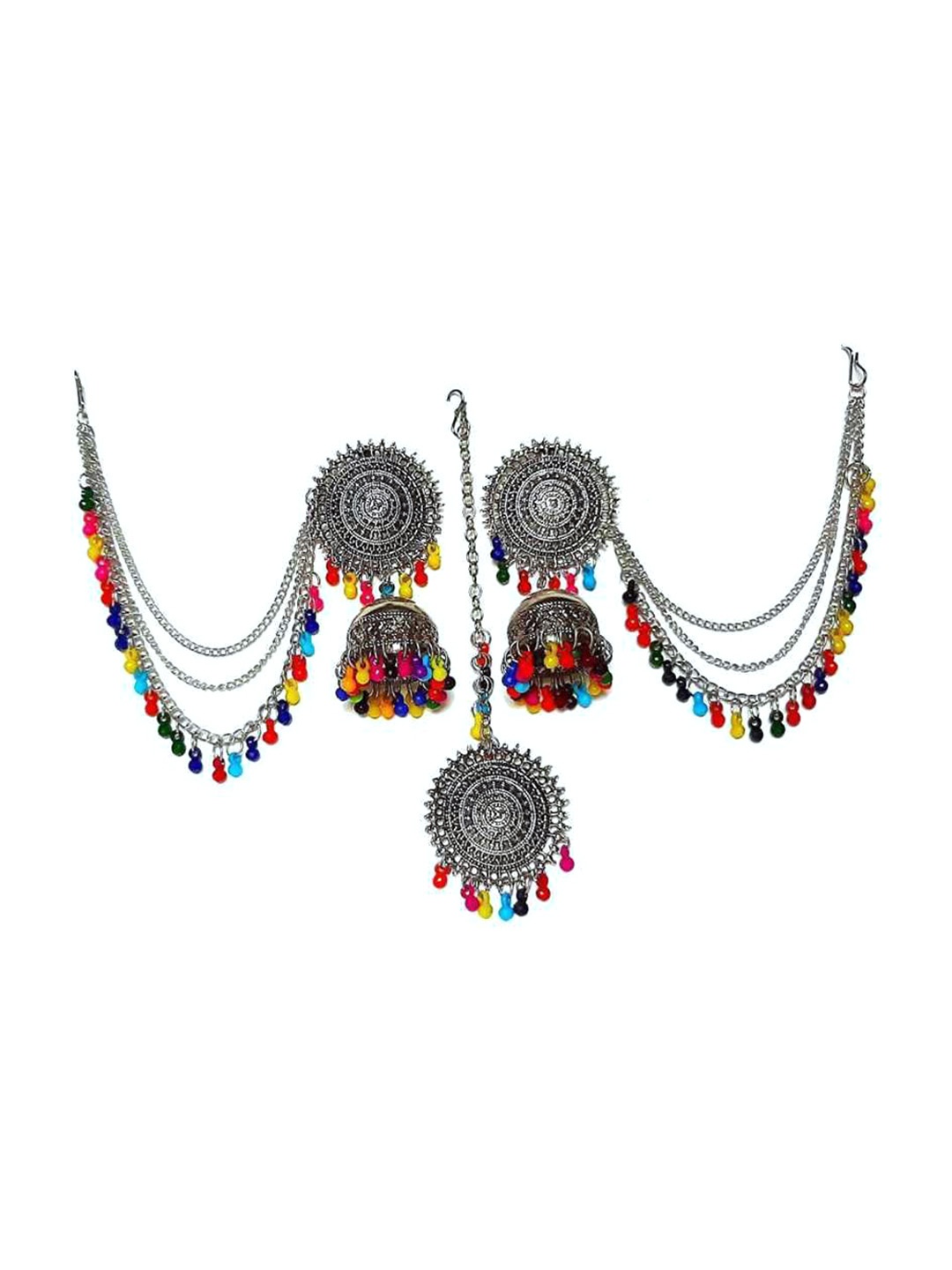

JMBW INTERNATIONAL Earrings With Maang Tika Set, Silver