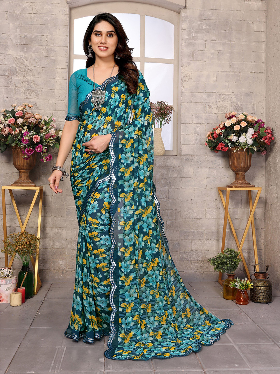 

The Textile Hub Floral Printed Mirror Work Saree, Teal