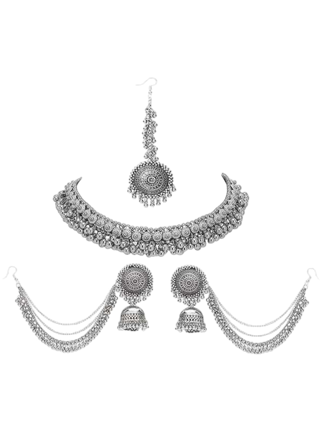 

JMBW INTERNATIONAL Beaded Necklace with Earrings & Maang Tika, Silver