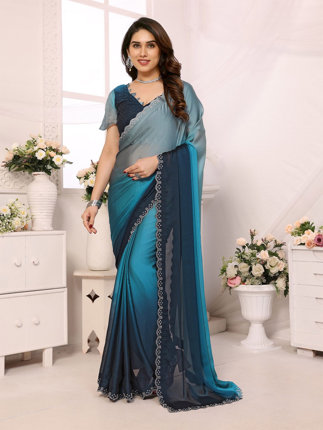 

The Textile Hub Ombre Beads and Stones Pure Silk Saree, Teal