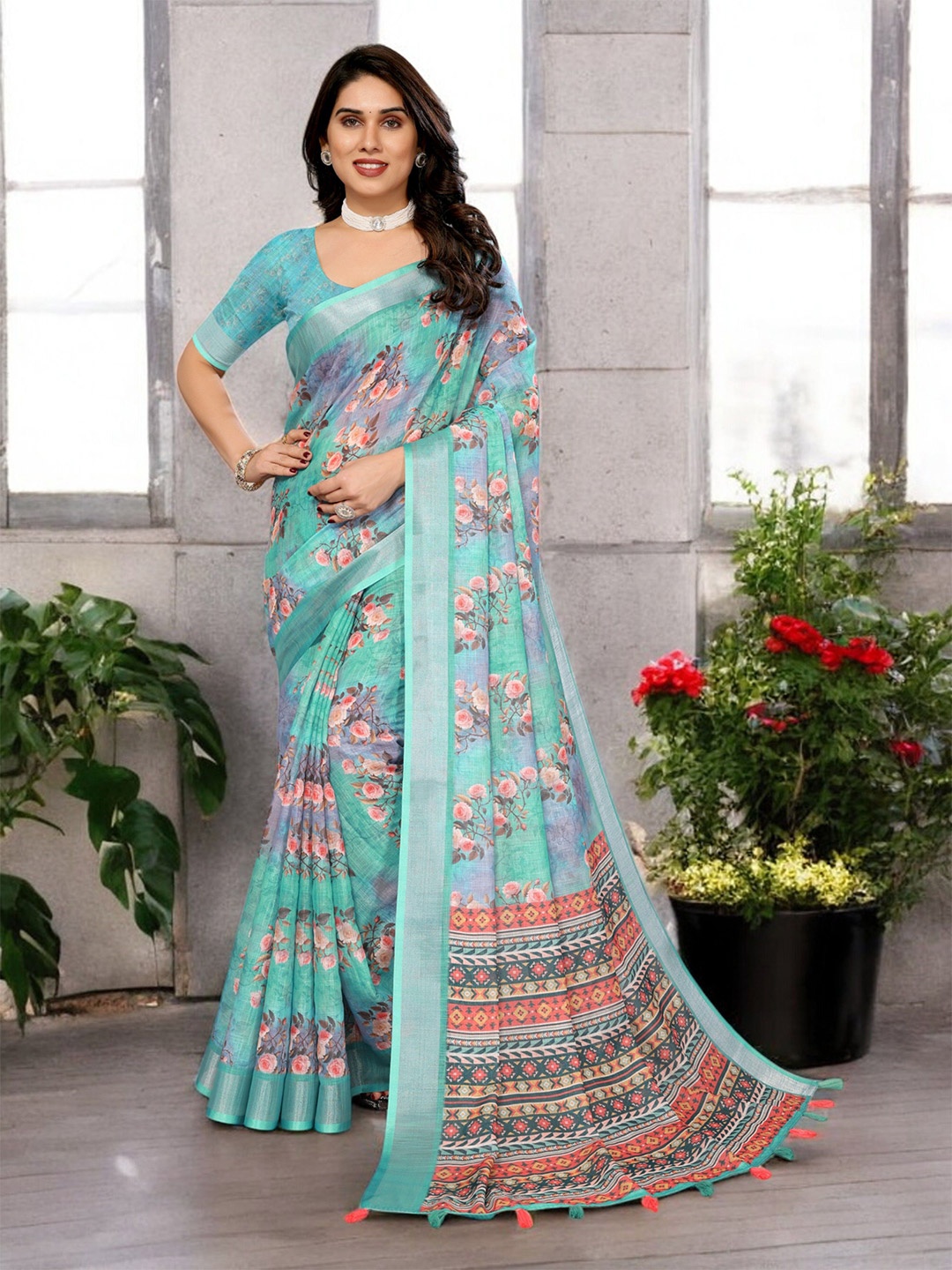 

The Textile Hub Floral Zari Pure Linen Saree, Turquoise blue