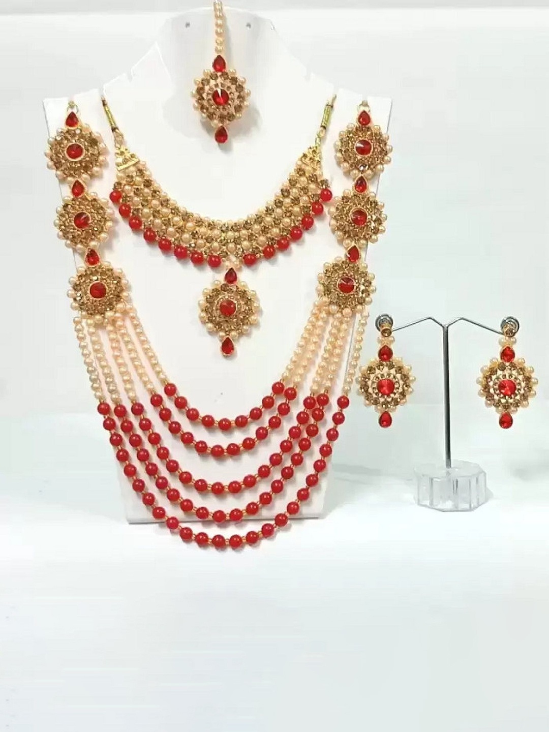 

JMBW INTERNATIONAL Artificial Beads Necklace With Earrings and Mangtika Jewellery Set, Red