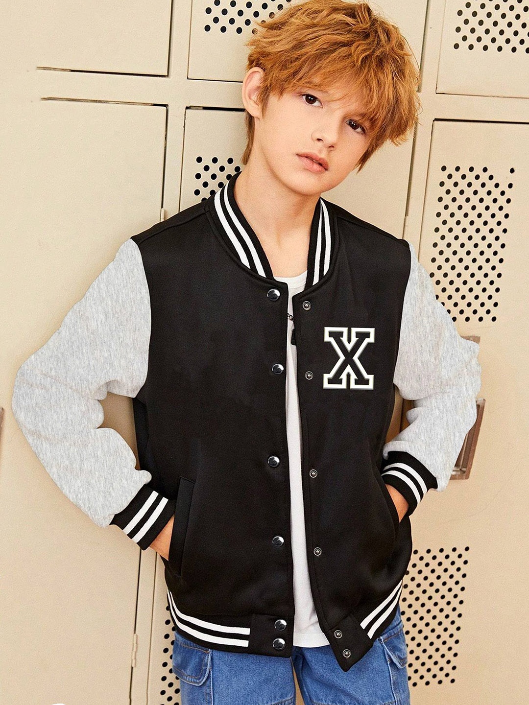 BAESD Boys Typography Printed Varsity Jacket, Black