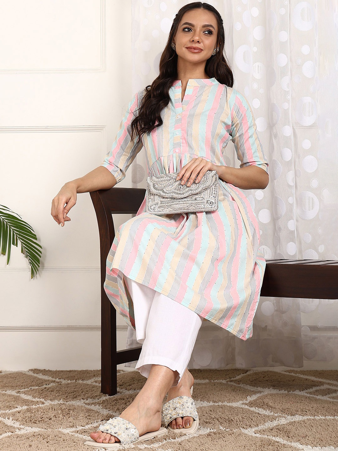 

KALINI Striped Embroidered Mirror Work Cotton Anarkali Kurta, White