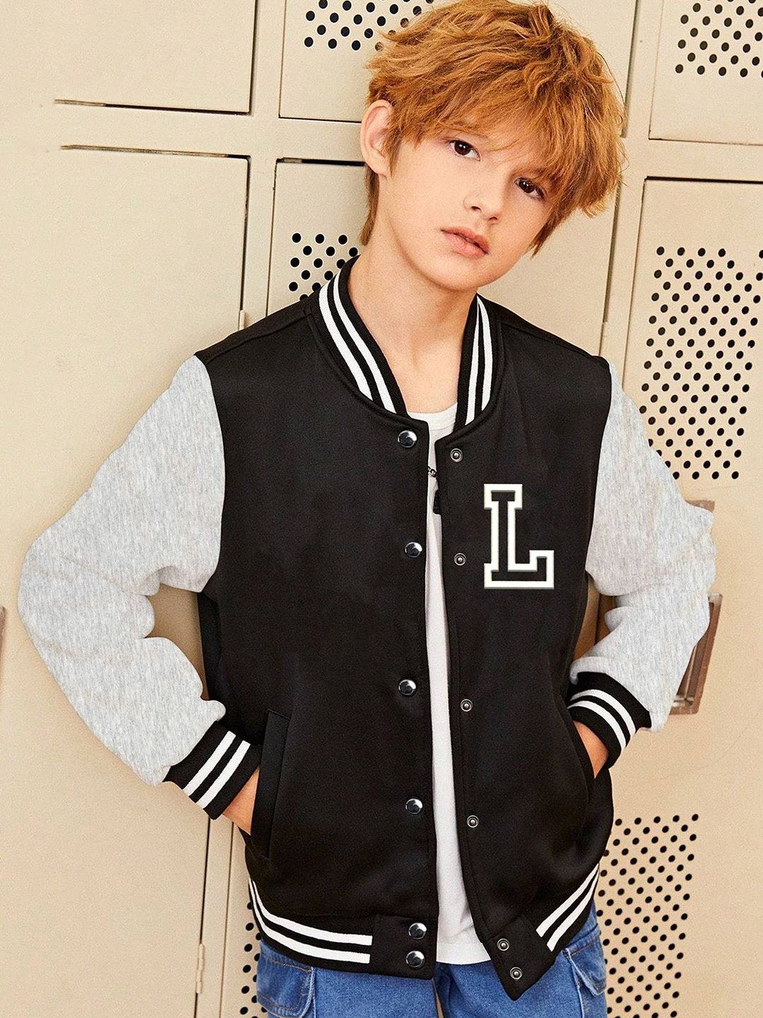 

BAESD Boys Typography Printed Varsity Jacket, Black