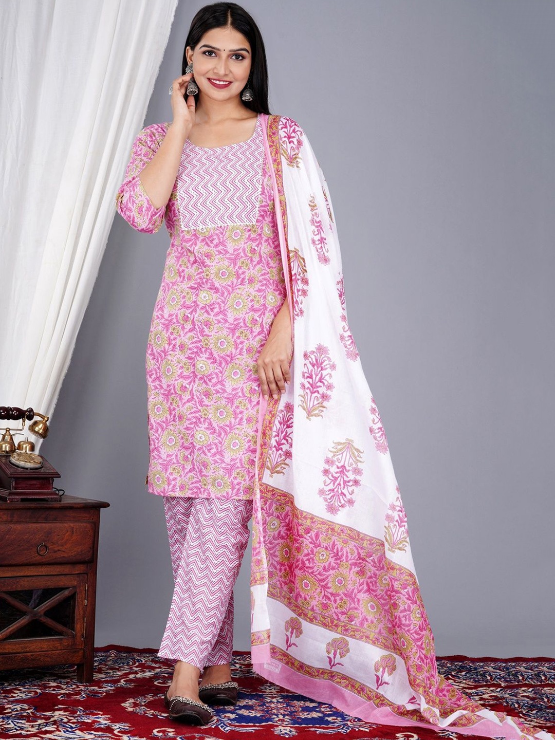 

KALINI Floral Printed Straight Kurta With Trousers & Dupatta, Pink