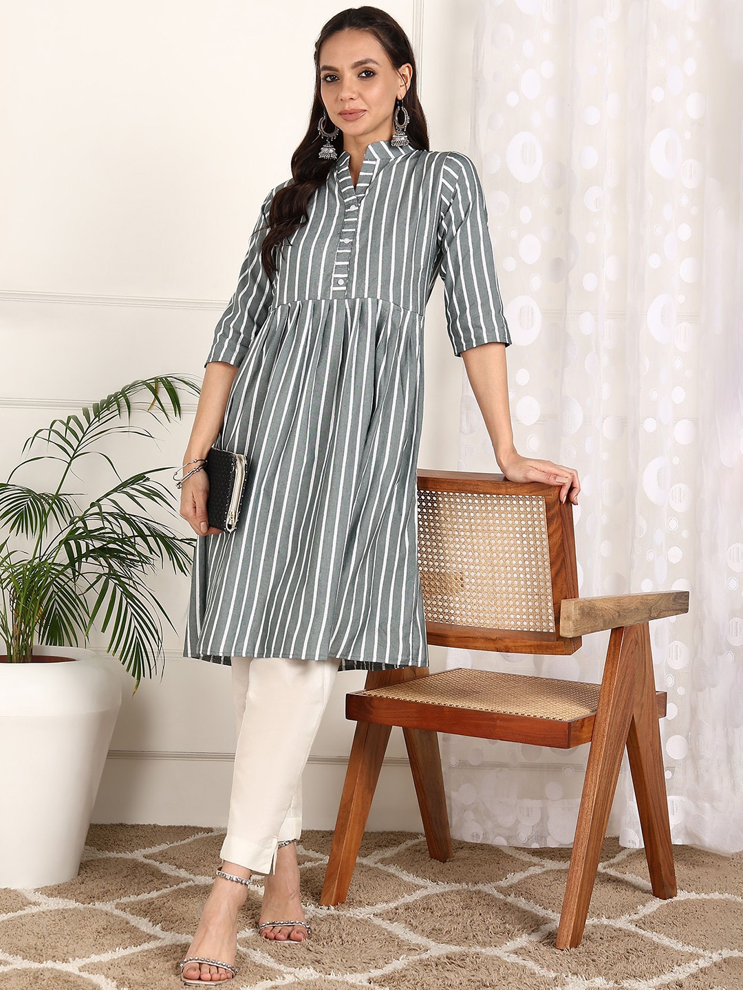 

KALINI Striped Embroidered Cotton Anarkali Kurta, Grey