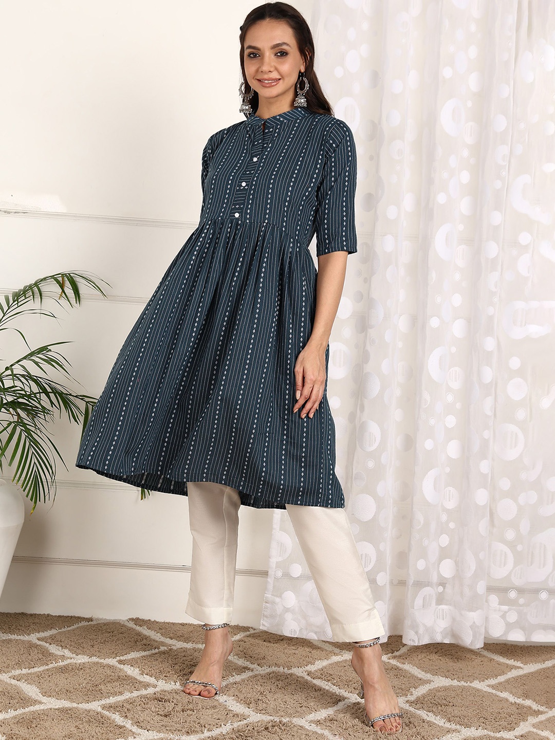 

KALINI Striped Thread Work Anarkali Kurta, Blue