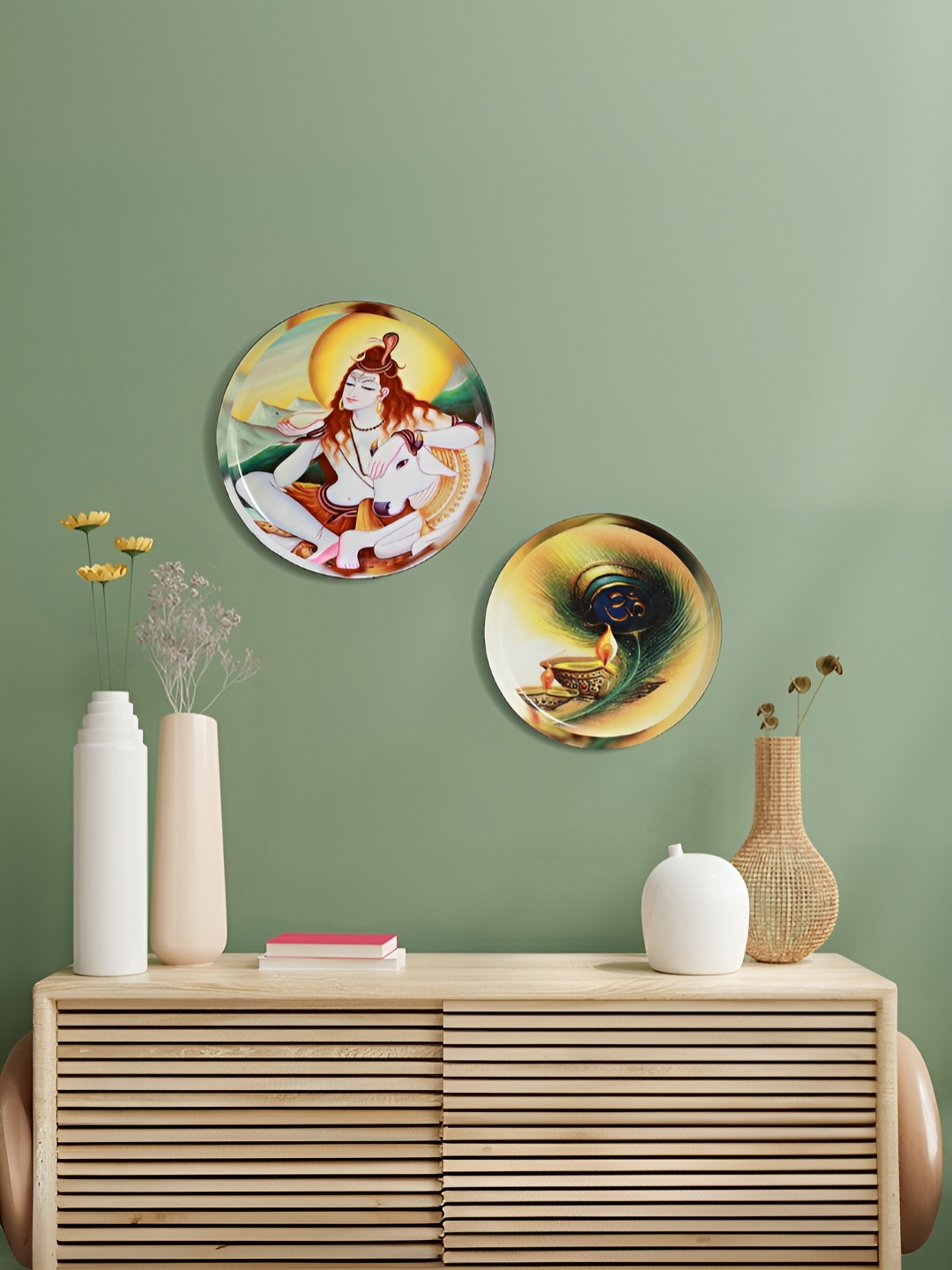 

Homspurts Yellow & Green 2 Pieces Lord Shiva Printed Metal Wall Plates