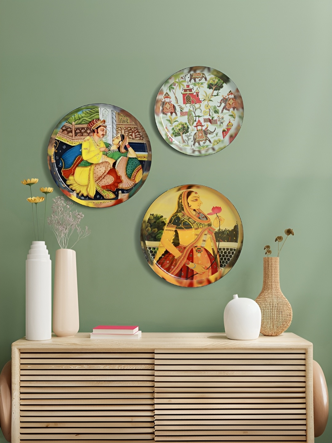 

Homspurts Mughal Majesty Yellow & Green 3 Pieces Printed Metal Wall Plates