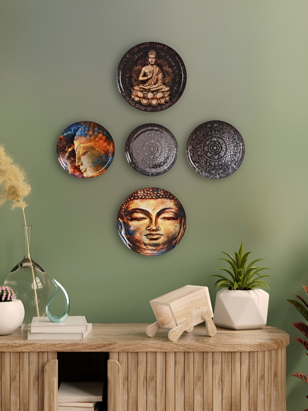 

Homspurts Nirvana Black & Beige 5 Pieces Buddha Printed Metal Wall Plates