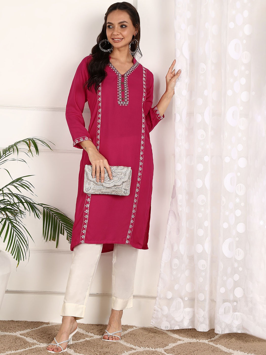

KALINI Floral Embroidered Cotton Straight Kurta, Pink