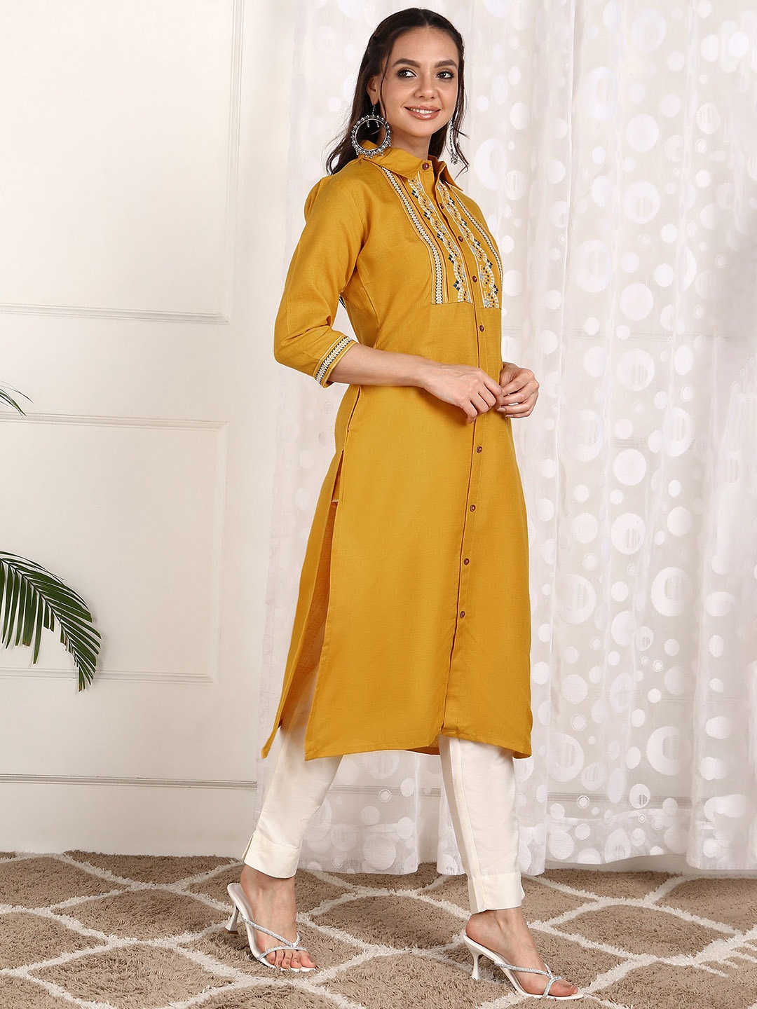 

KALINI Geometric Embroidered Cotton A Line Kurta, Mustard