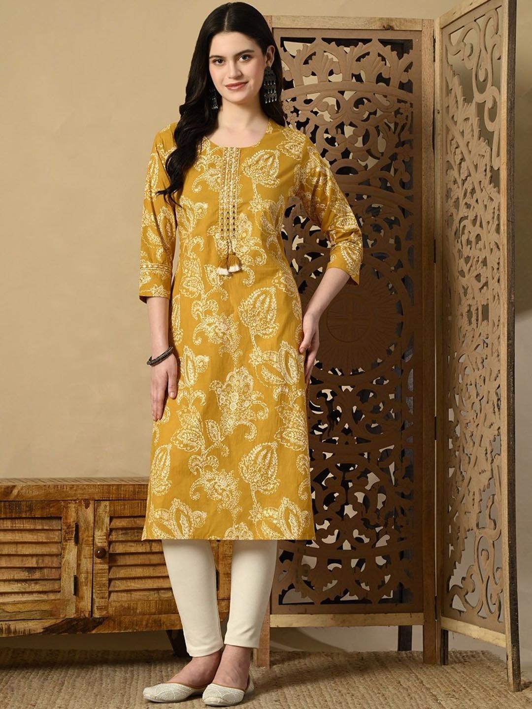 KEOSA Floral Printed Mirror Work Cotton Straight Kurta, Mustard