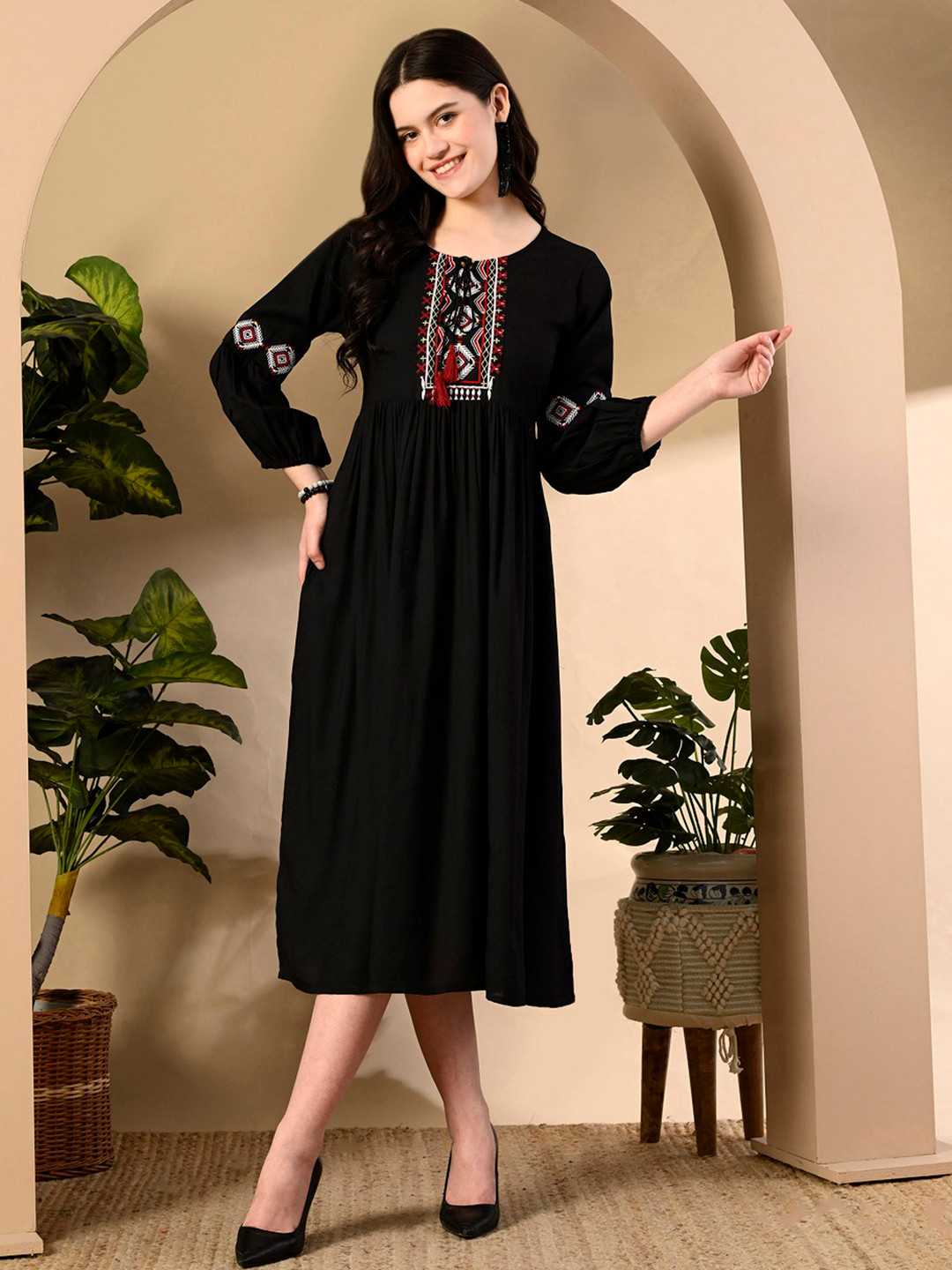 

KEOSA Geometric Embroidered Tie-Up Neck Puff Sleeves Anarkali Midi Ethnic Dress, Black
