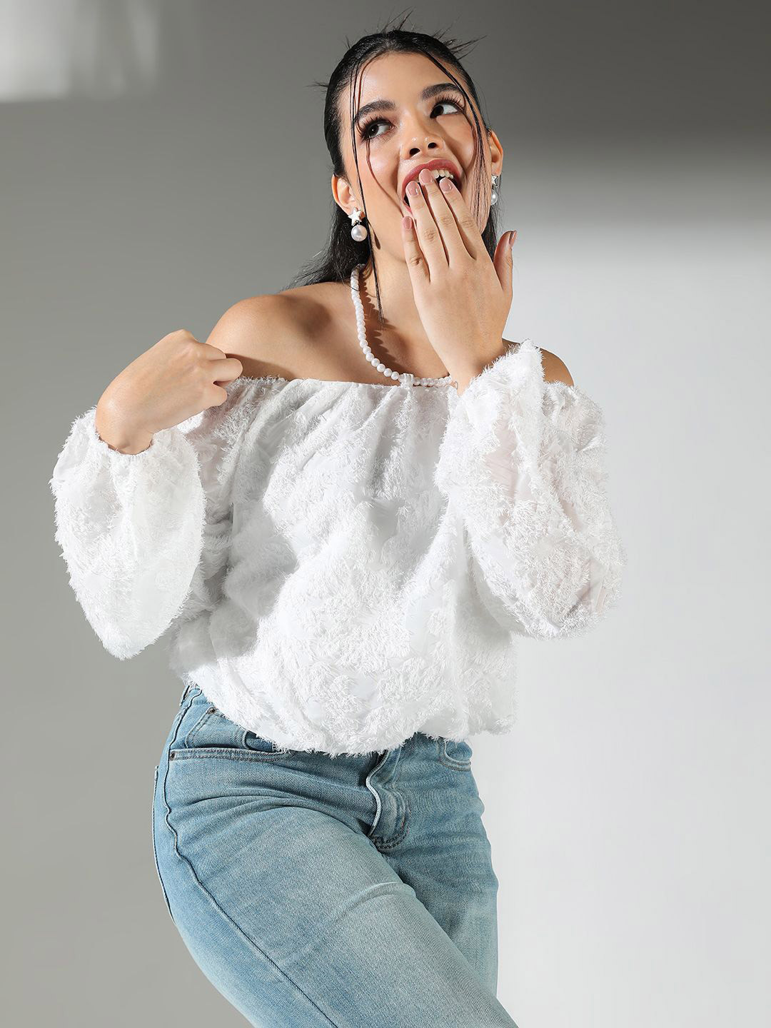

SHOWOFF Women Off-Shoulder Puff Sleeve Fringed Crepe Crop Top, White