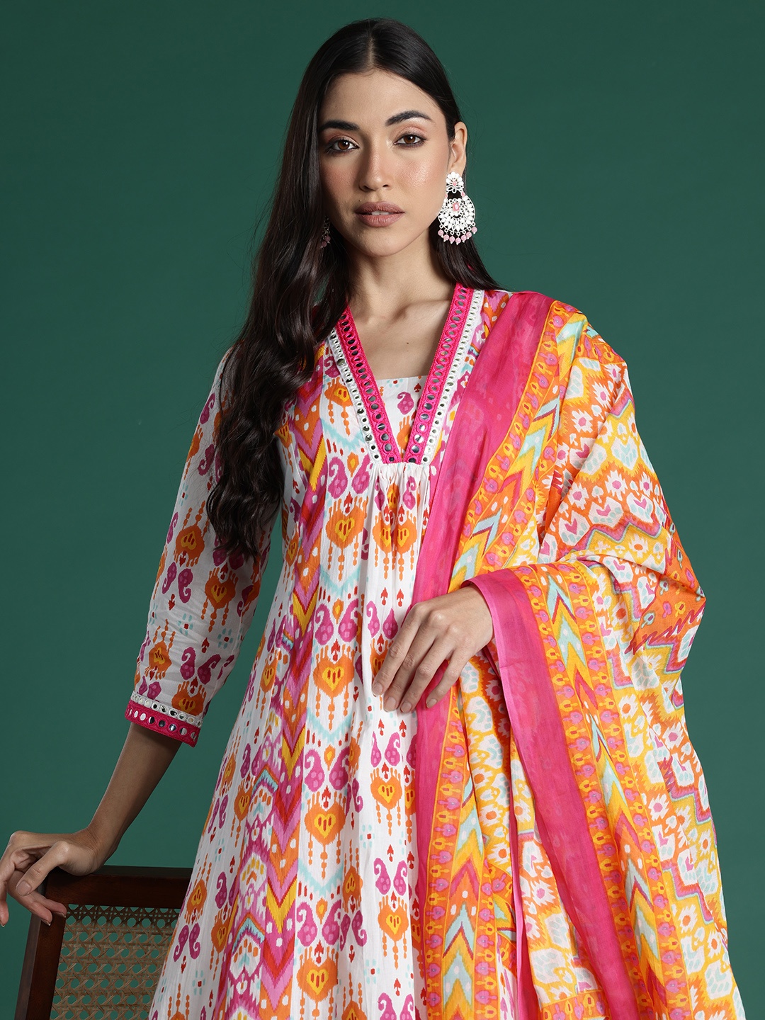 

Indo Era Ethnic Motifs Printed Mirror Work Pure Cotton Kurta with Trousers & With Dupatta, Multi