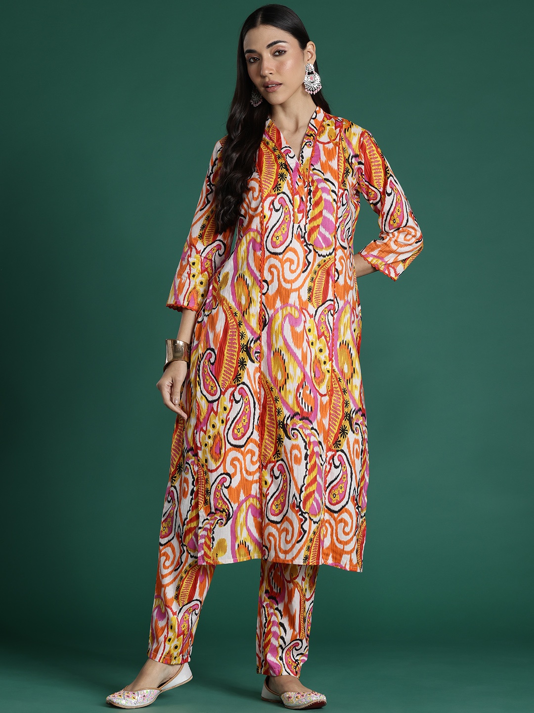

Indo Era Women Paisley Printed Panelled Pure Cotton Kurta with Trousers, Multi