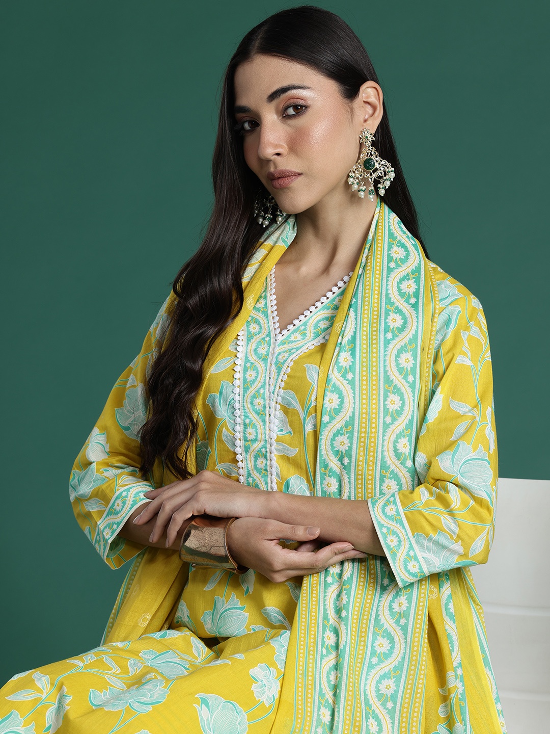 

Indo Era Women Floral Printed Regular Pure Cotton Kurta with Trousers & With Dupatta, Yellow