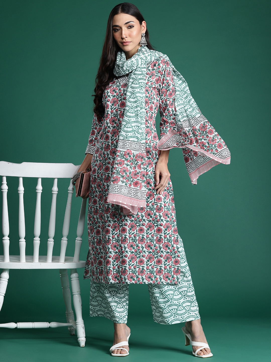 

Indo Era Floral Printed Pure Cotton Kurta with Trousers & With Dupatta, White